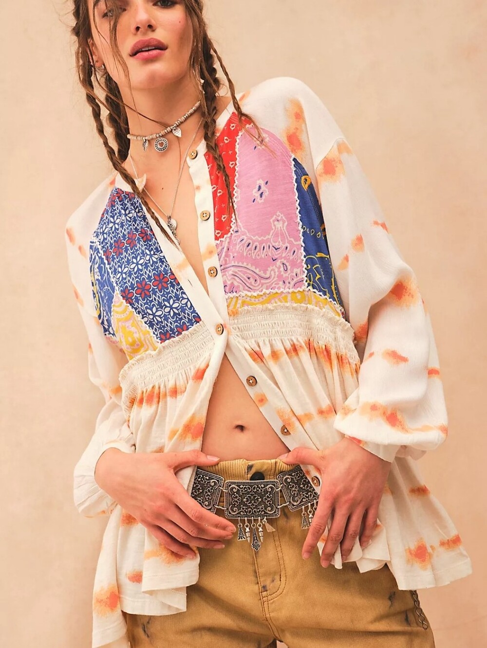 Free People M Smore Ivory Patchwork Bandana Panel Peasant Tunic